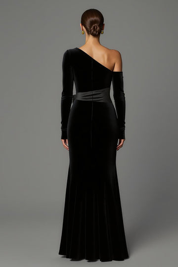Robe formelle longue à une épaule en velours noir avec noeud